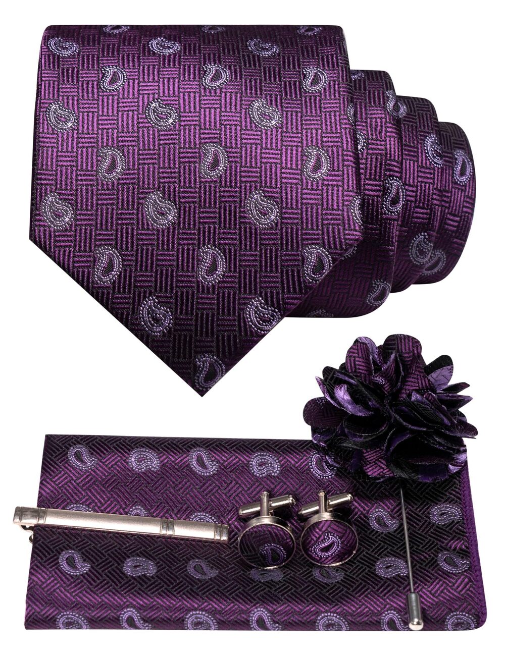 6457 Purple Tie Woven Necktie and Pocket Square Cufflinks with Lapel Pin